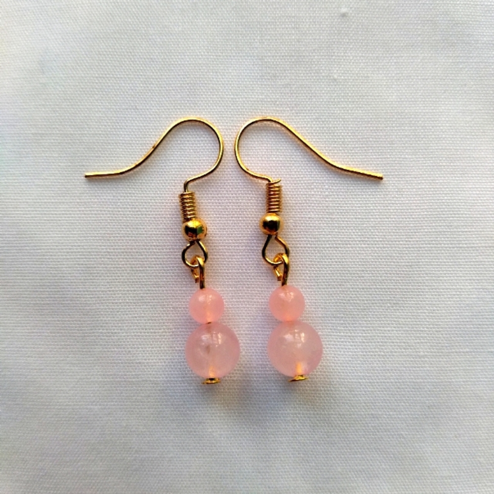 Rose Quartz Earrings Bead Handcrafted Stick Drop Gold Plated Hook Natural Stone